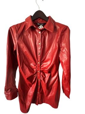 Zara Red Ruched Faux Leather Button-Front Shirt Dress